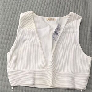 White Ribbed V-Neck Women's Top